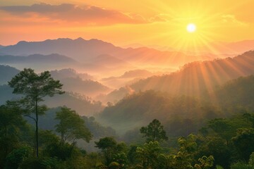 Beautiful sunrise over the mountain range at the west of thailand