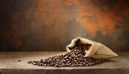 Foto op Canvas fresh old sack of coffee grains and brown old wall background © Kari