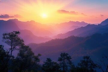 Fototapeta premium Beautiful sunrise over the mountain range at the west of thailand