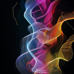Abstract neon patterns pulsating in rhythmic harmony, forming a mesmerizing dance of light against a pitch-black background. 