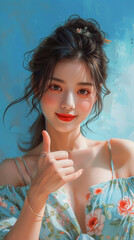 A beautiful Eastern woman gives a thumbs up