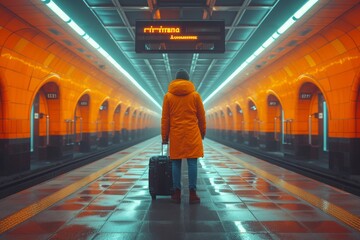 A fashionable figure stands confidently on the subway platform, their yellow coat a bold statement against the drab underground walls, as they wait for the train with their trusty suitcase in tow - obrazy, fototapety, plakaty