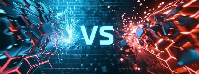 Fotobehang Versus Battle. MMA concept - Fight night, MMA, boxing, wrestling, Thai boxing. VS collision of letters with sparks and glow on a red-blue flame background © YuDwi Studio