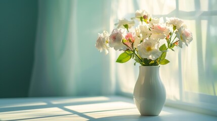 white vase with blooming flowers placed near a window, illuminated by natural light creating a serene atmosphere.  - Powered by Adobe