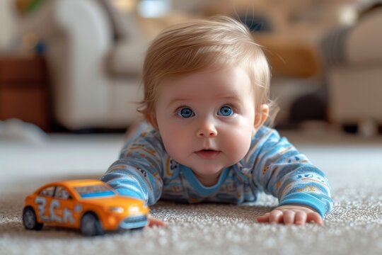 A curious young boy in cozy clothing crawls on the floor, his face filled with wonder as he explores a colorful toy car during tummy time
