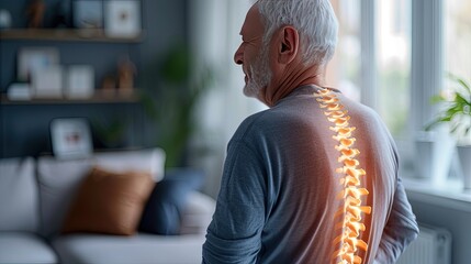 Digital composite of highlighted spine of senior man with back pain at home. The burden of age: senior man's spine in distress. - Powered by Adobe