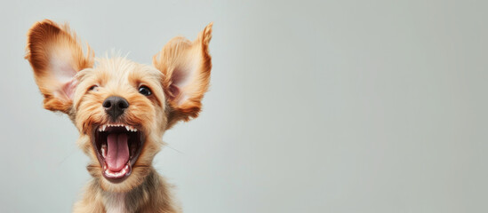 Happy funny excited little dog with long ears and wide open mouth on bright background banner with copy space