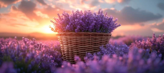 Gordijnen A picturesque field of vibrant purple lavender basks in the warm hues of a stunning sunrise, surrounded by a dreamy landscape of pink and lilac flowers against a backdrop of billowing clouds and a vi © Larisa AI