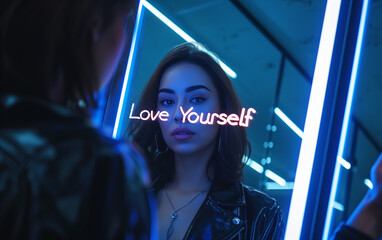Love yourself concept image with beautiful blonde woman looking herself in the mirror and glowing sign love yourself message.