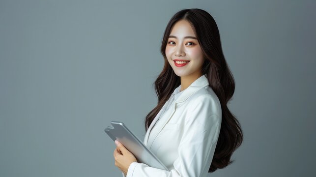 Asian female executive with long hair standing hugging a tablet for work, holding a pen, with a beautiful smile. wearing a white suit and stand to take pictures