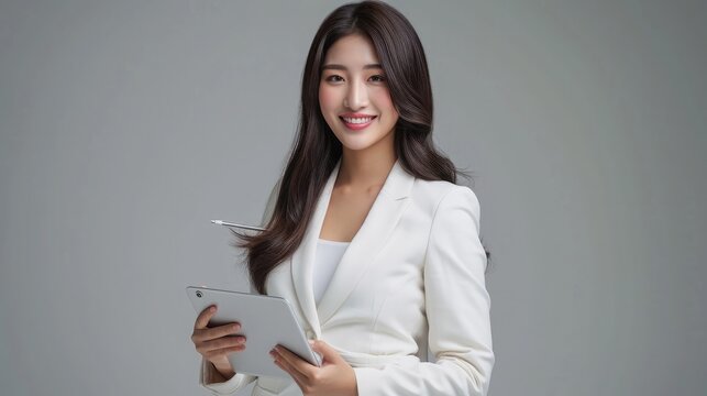 Asian female executive with long hair standing hugging a tablet for work, holding a pen, with a beautiful smile. wearing a white suit and stand to take pictures