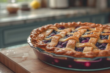 Close up tasty blueberry pie on the table, blueberry, Slice, Generated AI.