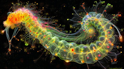 Science-themed abstract concept, visualizing particles and structures in a colorful and dynamic background with a medical and research focus