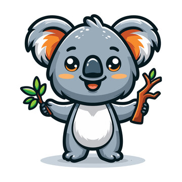 Cute Adorable Koala holding tree branch, Australian Animal Cartoon Character Vector Illustration, flat design template isolated on white background