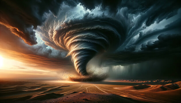 Dramatic digital artwork of a huge tornado touching a desert landscape at sunset with dark storm clouds and charged atmosphere.Danger concept.AI generated.