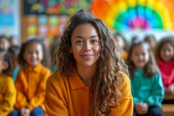 Naklejka premium A youthful girl exudes confidence as she warmly smiles at the camera, her face framed by stylish clothing, showcasing the beauty and authenticity of the human spirit