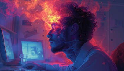 About burning out men neon glowing face