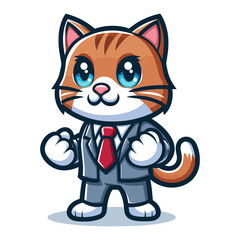Cute adorable cat wearing suit dress cartoon character vector illustration, funny kitty flat design template isolated on white background