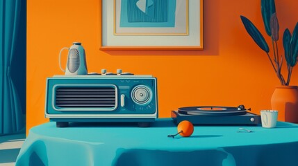 Symphony of Nostalgia: Blue & Orange Radio & Turntable  - obrazy, fototapety, plakaty