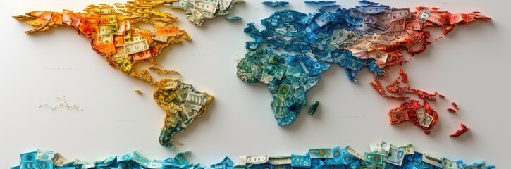 A world map made of various currencies, highlighting global trade networks