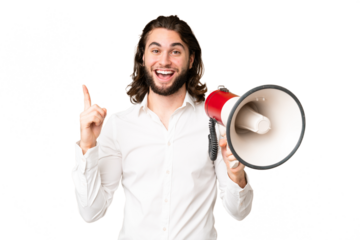 Young handsome man over isolated chroma key background holding a megaphone and pointing up a great idea