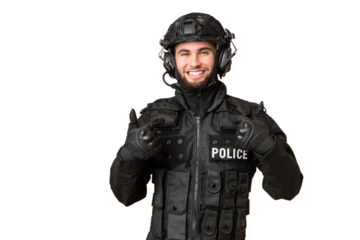 SWAT over isolated chroma key background with surprise facial expression