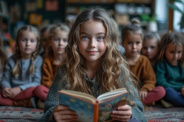 Obraz premium A young girl sits surrounded by a group of children, her face beaming with a smile as she delves into the pages of a book, their vibrant clothing adding to the joy of their indoor reading adventure