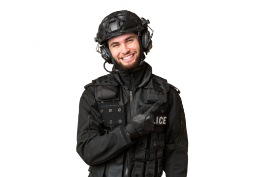 SWAT over isolated chroma key background pointing to the side to present a product