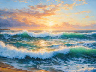 Beautiful seascape with waves on the beach at sunset.