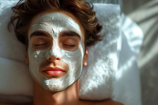 Close-up portrait of  man with facial mask application at spa salon. Facial treatment. Skin care. 