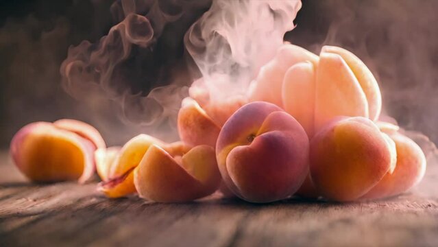 Beautiful fruit apricots with natural skin in under bright smoke, generated ai
