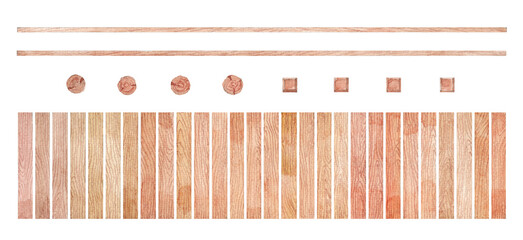 Wooden Plank Elements in Watercolor for Walkway, Bridge, Top View, Column and Beam, isolated on white or transparent background © RisingSun