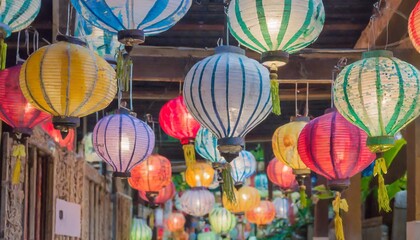 paper lanterns on the streets of old asian town