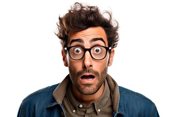 Portrait of a surprised young man with big eyes, beard, wide open mouth on a white background. Advertising concept, big discounts - obrazy, fototapety, plakaty
