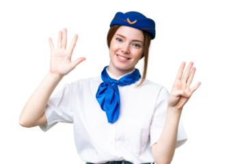 Airplane stewardess over isolated chroma key background counting nine with fingers
