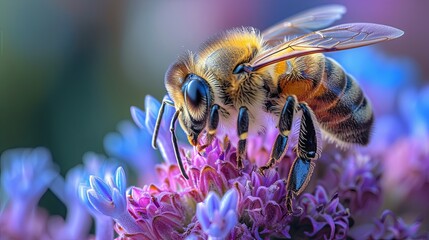 Bee Perched on a Purple Flower. Generative AI.