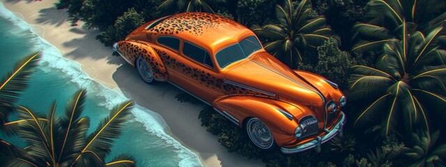 Orange Car Driving Along Ocean Road