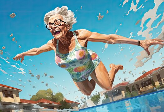 Old woman jumping into swimming pool.
