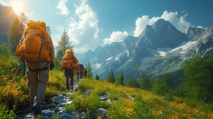 Group of People Hiking Up a Mountain. Generative AI. - obrazy, fototapety, plakaty