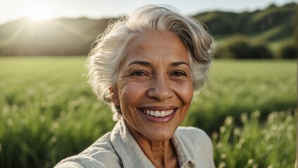 Fototapeta na wymiar Mature woman with white hair, wearing a casual shirt, exudes joy and confidence in a self-portrait amidst a serene meadow at sunset, reflecting a life well-lived.