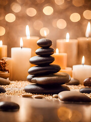 Spa still life with zen stones and candles on light background