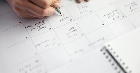 Business woman checks planner and takes notes in organizer. Event calendar business planning and meeting concept