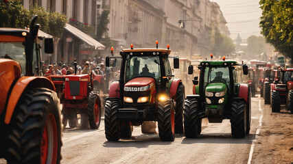 Farmers strike in city. People on strike protesting protests against tax increases, abolition of benefits by standing next to tractors on big city street - obrazy, fototapety, plakaty