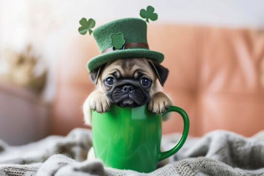 Cute pug puppy inside a mug wearing a leprechaun hat. Saint Patrick's Day theme concept.