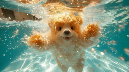 Fluffy dog swimming underwater, bubbles and light around. - obrazy, fototapety, plakaty