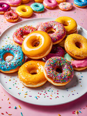 Colorful glazed donuts with sprinkles on pink background.