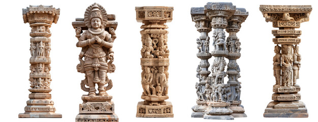set of Indian Vedic pillar with intricate carvings of deities, column of marble of a indian temple, isolated on white background or transparent background, png cutout - obrazy, fototapety, plakaty