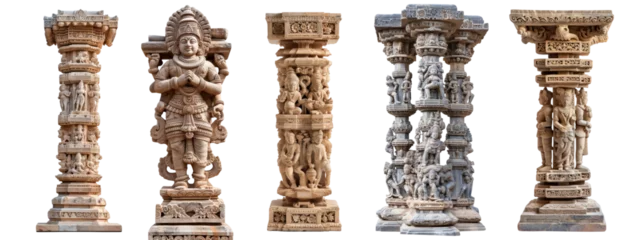 Tuinposter set of Indian Vedic pillar with intricate carvings of deities, column of marble of a indian temple, isolated on white background or transparent background, png cutout © Gasi
