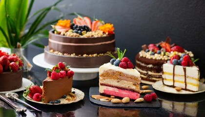 assorted large pieces of different cakes chocolate raspberries strawberries nuts blueberries pieces...