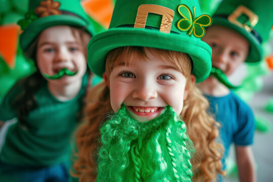 Family celebrating St. Patrick's Day. Irish holiday, culture and tradition. Kids wear green leprechaun hat and beard with Ireland flag and clover leaf.